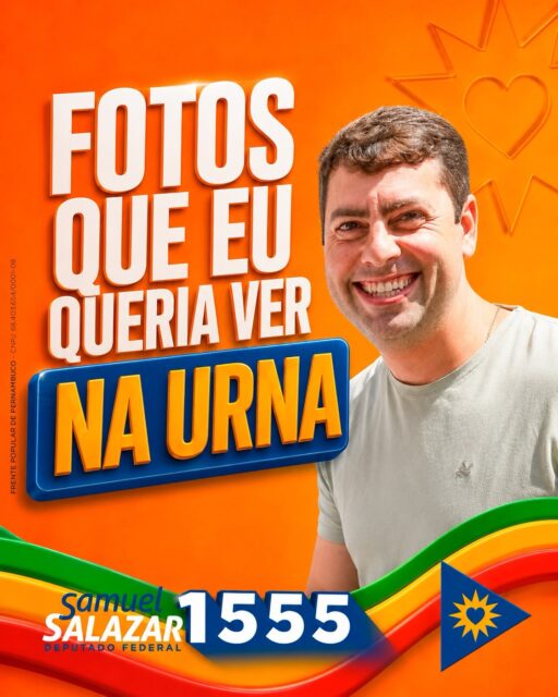 Dia 04 de outubro vocês já sabem: 

Deputado federal é Samuel Salazar 1️⃣5️⃣5️⃣5️⃣✅ 
Governador é @joaocampos 4️⃣0️⃣✅ 

CNPJ 68.403.654/0001-08