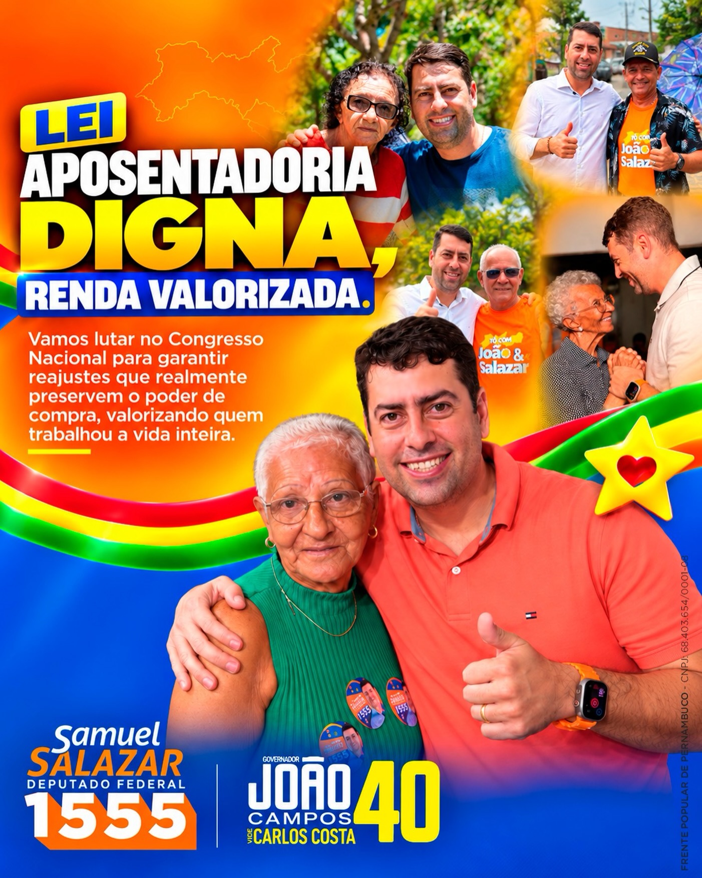 A aposentadoria não é um favor. É resultado de anos de trabalho e contribuição! 

Por isso, defendo um debate sobre as regras de reajuste dos benefícios, para aposentados e pensionistas possam preservar o poder de compra diante do custo de vida. 

Valorizar quem trabalhou a vida inteira também é garantir que a aposentadoria continue tendo valor ao longo dos anos.

Deputado federal é Samuel Salazar 1️⃣5️⃣5️⃣5️⃣✅ 
Governador é @joaocampos 4️⃣0️⃣✅ 

CNPJ 68.403.654/0001-08