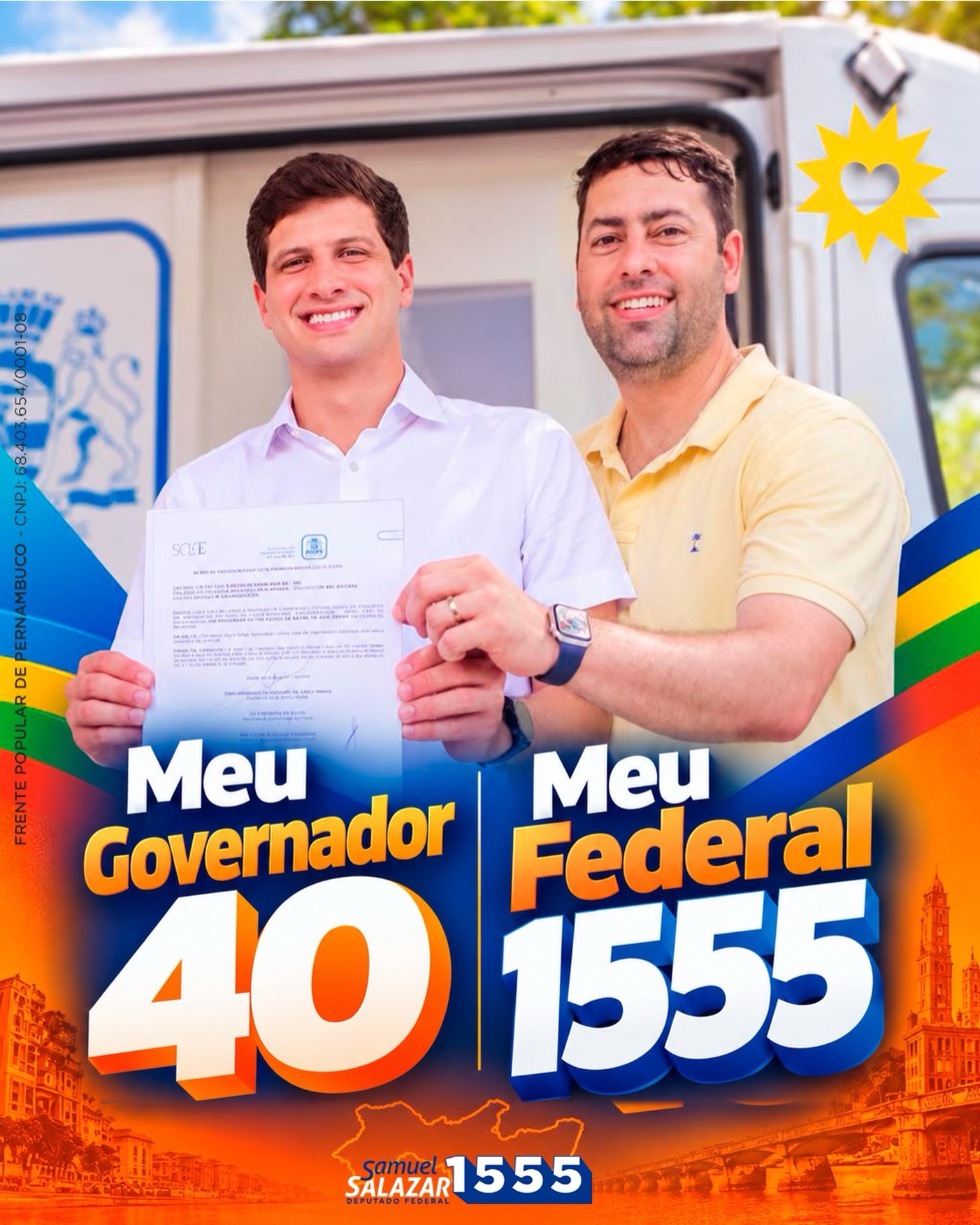 O trabalho verdadeiro vai vencer! 🙏🏼🚀👊🏼 

Tenho orgulho de fazer parte desse projeto ao lado de João Campos, com diálogo, parceria e muita disposição para continuar trabalhando por Pernambuco.

O Recife já mostrou que pode avançar. Agora, vamos levar esse trabalho ainda mais longe. 🤝🏼

Deputado federal é Samuel Salazar 1️⃣5️⃣5️⃣5️⃣✅ 
Governador é @joaocampos 4️⃣0️⃣✅ 

CNPJ 68.403.654/0001-08